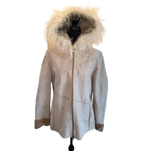 Vintage Winlet Ivory Braided Leather Suede Mongolian Fur Hooded Jacket Coat Sz L - Picture 3 of 16